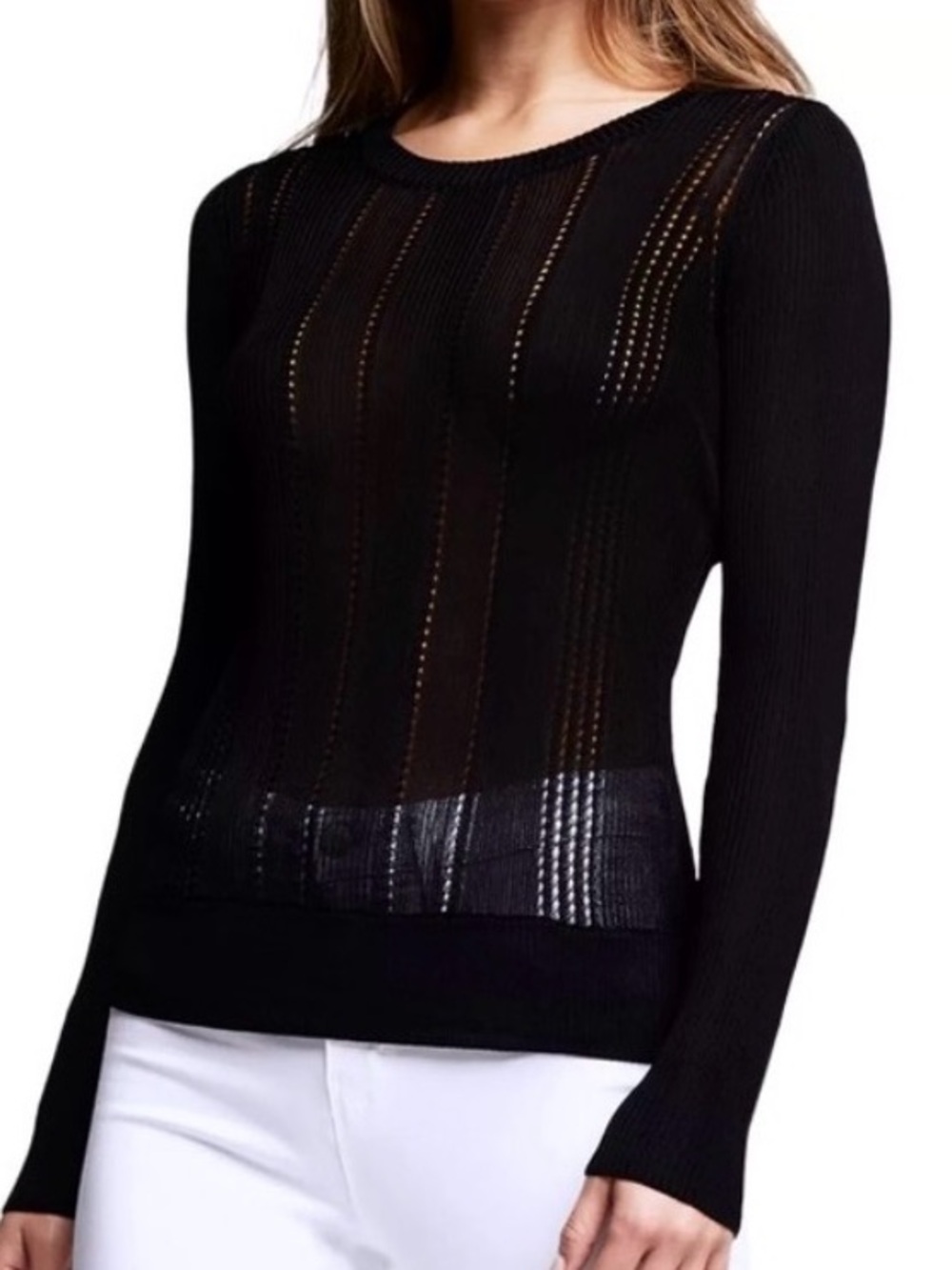 L’AGENCE | Women’s Fae Black Pointelle Knit Crewneck Sweater Top size XS Sheer